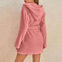 1件套歐美風連帽毛絨家居服純色秋冬保暖浴袍 - 粉色 - 查看 4