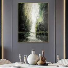 1張帆布牆藝術打印的抽象自然風景海報,綠色瀑布,山脈,流水場景,適用於客廳,家庭,辦公室裝飾