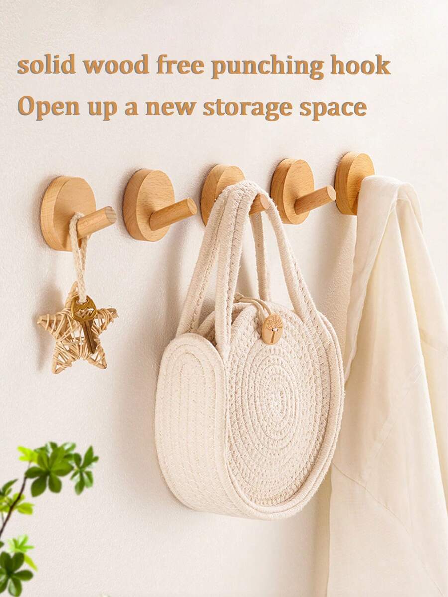 3pcs/set Self Adhesive Wooden Wall Hooks, Creative Home Decor Hangers - Apricot - View 1