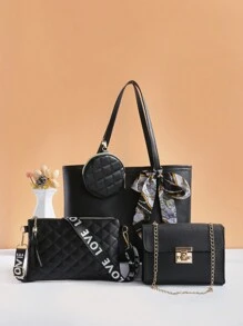 Fashionable Combination Bag Ribbon Decor Large Capacity Tote Bag With Flip Cover Chain Top Handle Crossbody Bag - Black - View 1