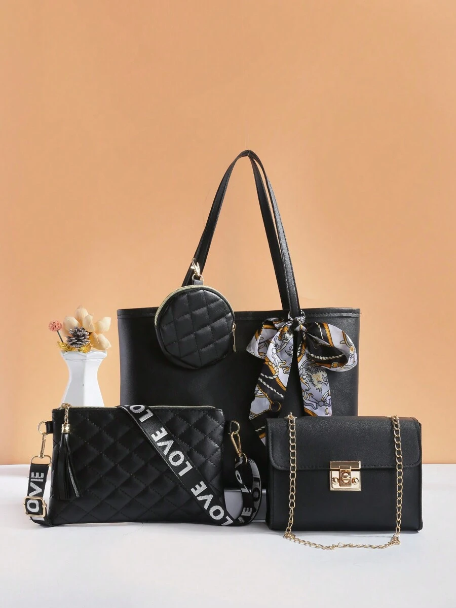 Fashionable Combination Bag Ribbon Decor Large Capacity Tote Bag With Flip Cover Chain Top Handle Crossbody Bag - Black - View 1