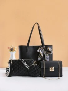 Fashionable Combination Bag Ribbon Decor Large Capacity Tote Bag With Flip Cover Chain Top Handle Crossbody Bag - Black - View 5