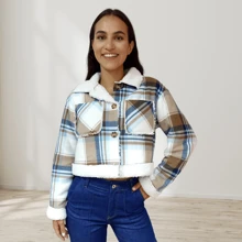 abrigo corto de cuadros chamarra de peluche de moda chaqueta afelpada doble forro - Multicolor - Ver 1