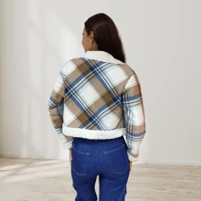 abrigo corto de cuadros chamarra de peluche de moda chaqueta afelpada doble forro - Multicolor - Ver 4