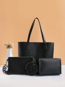 Fashionable Combination Bag Ribbon Decor Large Capacity Tote Bag With Flip Cover Chain Top Handle Crossbody Bag - Black - View 2