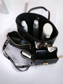 Fashionable Combination Bag Ribbon Decor Large Capacity Tote Bag With Flip Cover Chain Top Handle Crossbody Bag - Black - View 7