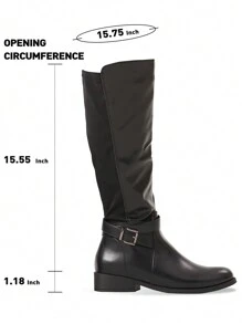 Women Riding Tall Boots Flat Heel Knee High Boots Round Toe Boots With Buckle Straps Valentine's Day - 黑色 - 查看 3