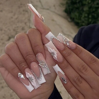 24pcs Rectangle Adhesive Nail Stickers, White French 3D Butterfly Crystal Decor, Camellia Pattern, White Ombre False Nails, Nail Art Supplies For Women And Girls