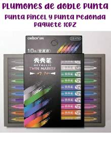 10 Plumones metálicos de doble punta: pincel y redonda Chosch - Multicolor - Ver 2