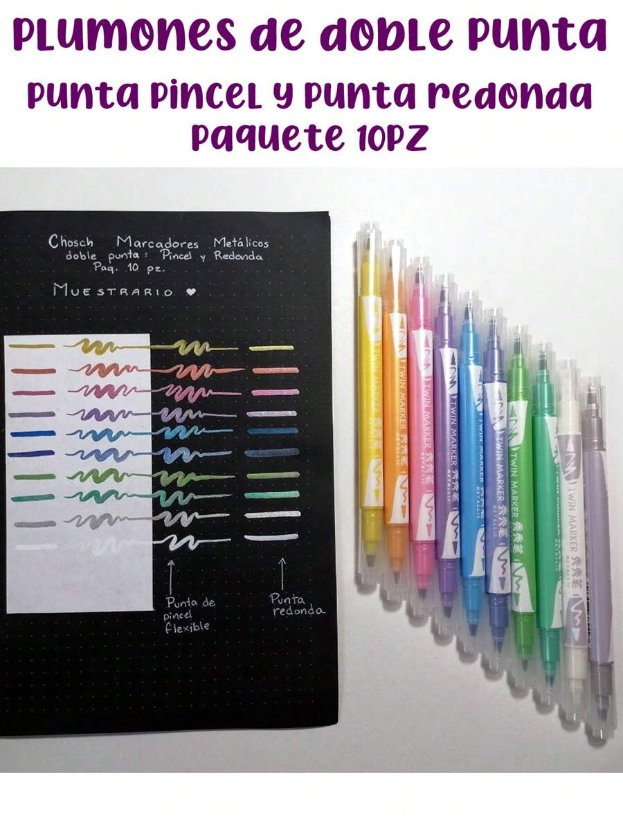 10 Plumones metálicos de doble punta: pincel y redonda Chosch - Multicolor - Ver 1