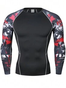 印花長袖運動t恤+運動褲,適用於跑步,籃球,自行車等運動。男性緊身運動t恤,快干彈性運動壓縮健身套裝,運動服,運動裝 - 黑色 - 查看 5