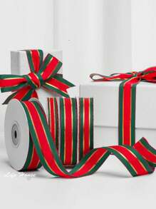 1 Peça 22m Fita De Presente De Seda E Cetim Listrada Vermelha E Verde Para Decorar O Natal Com Duplas Bordas Douradas Para Embrulhar Caixas De Presentes E Artesanatos De Feriado - Multicolorido - Visão 7