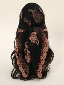 1 件女士时尚刺绣细节方形围巾头巾优雅头巾、发带、头带非常适合装扮您的外观 - 黑色 - 查看 2