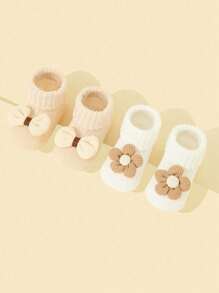 2pairs/pack Girls' Flower & Bowknot Design Mid-calf Socks, Breathable Anti-skid Socks