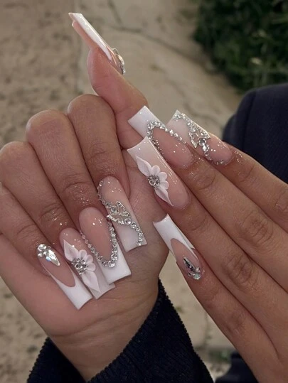 24pcs Rectangle Adhesive Nail Stickers, White French 3D Butterfly Crystal Decor, Camellia Pattern, White Ombre False Nails, Nail Art Supplies For Women And Girls