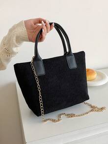 大容量極簡風女款手提包斜挎包,附鏈帶肩帶 - 黑色 - 查看 2