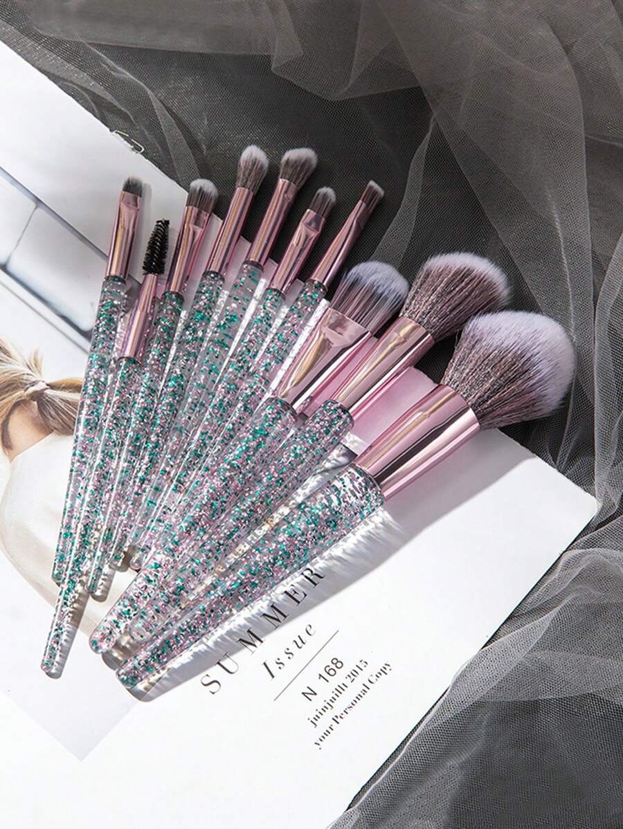 10pcs Transparent Crystal Liquid Foundation Makeup Brush Set For Eye Shadow, Blush, Powder And Other Cosmetics,Brush Set,Makeup Brush Kit,Make Up Brush Set,Make Up Set Complete,Makeup Brush Set,Complete Makeup Kit,Brush Kit,Brushes Makeup Set,Makeup Gift Set - Green - View 1