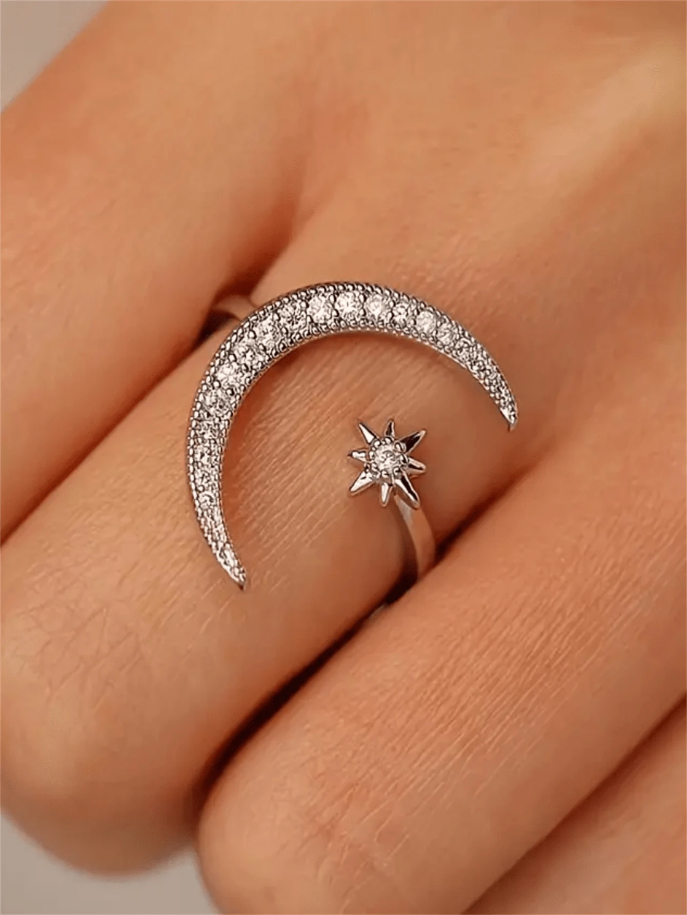 1pc Silver Star & Moon Design Open Ring - Silver - View 1