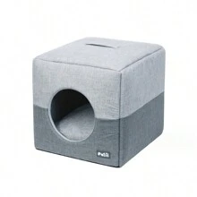 PET FANG FANG 1 件四季通用半封閉方形寵物床,適合貓和小型犬,灰色 - 灰色 - 查看 1