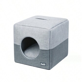 PET FANG FANG 1 件四季通用半封閉方形寵物床,適合貓和小型犬,灰色