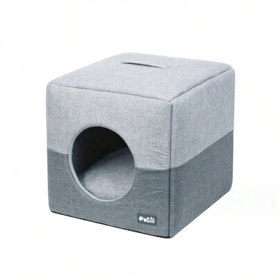 PET FANG FANG 1 件四季通用半封閉方形寵物床,適合貓和小型犬,灰色