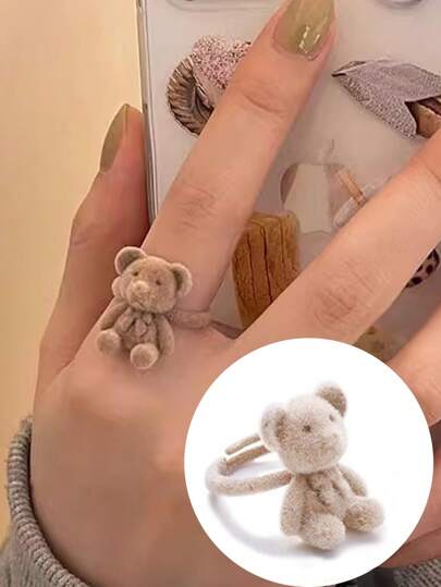 1pc Cartoon Plush Bear Shaped Adjustable Open Ring For Women