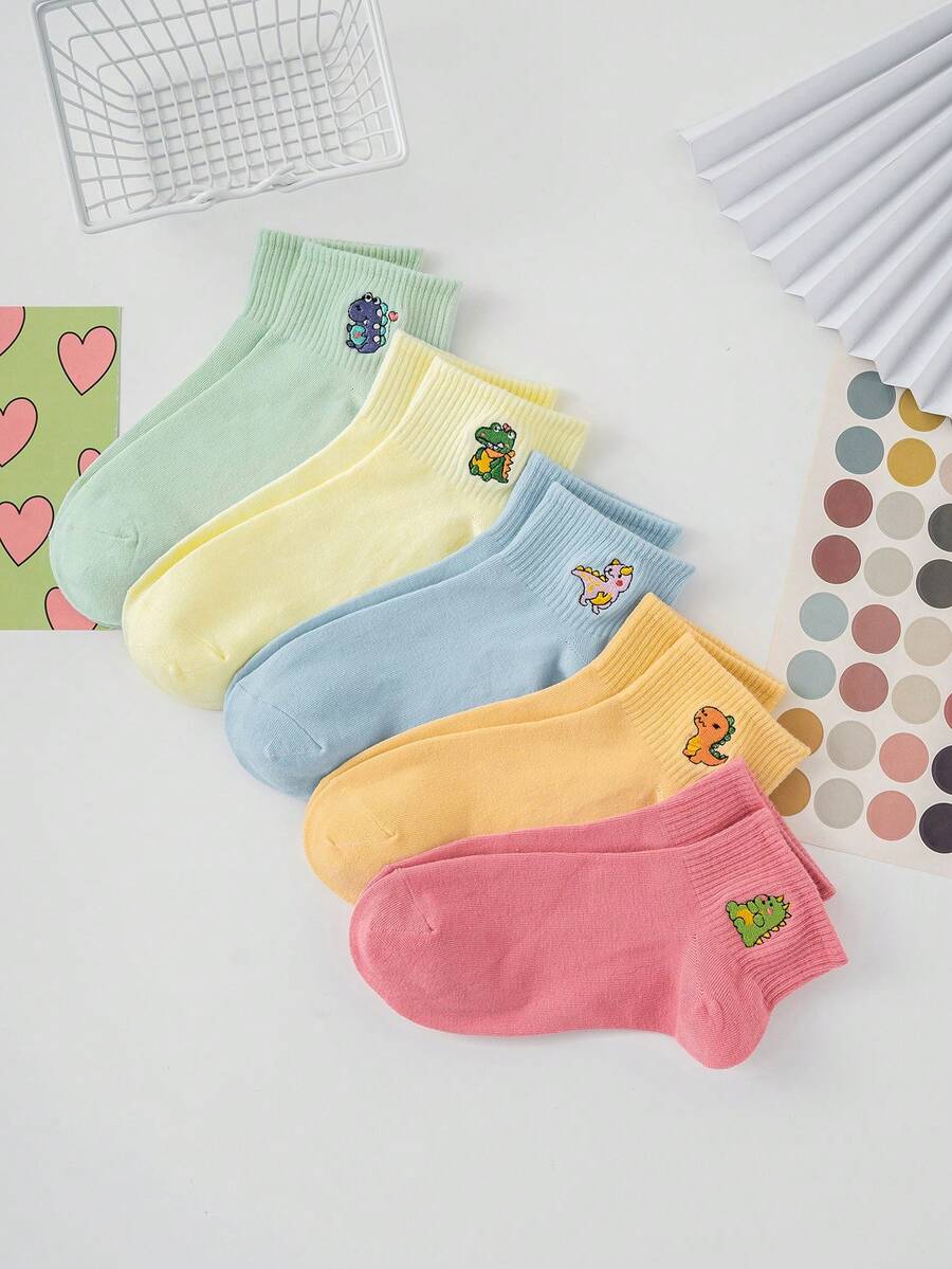 5對女童刺繡恐龍時尚中筒襪,適合日常穿著 - 彩色 - 查看 1