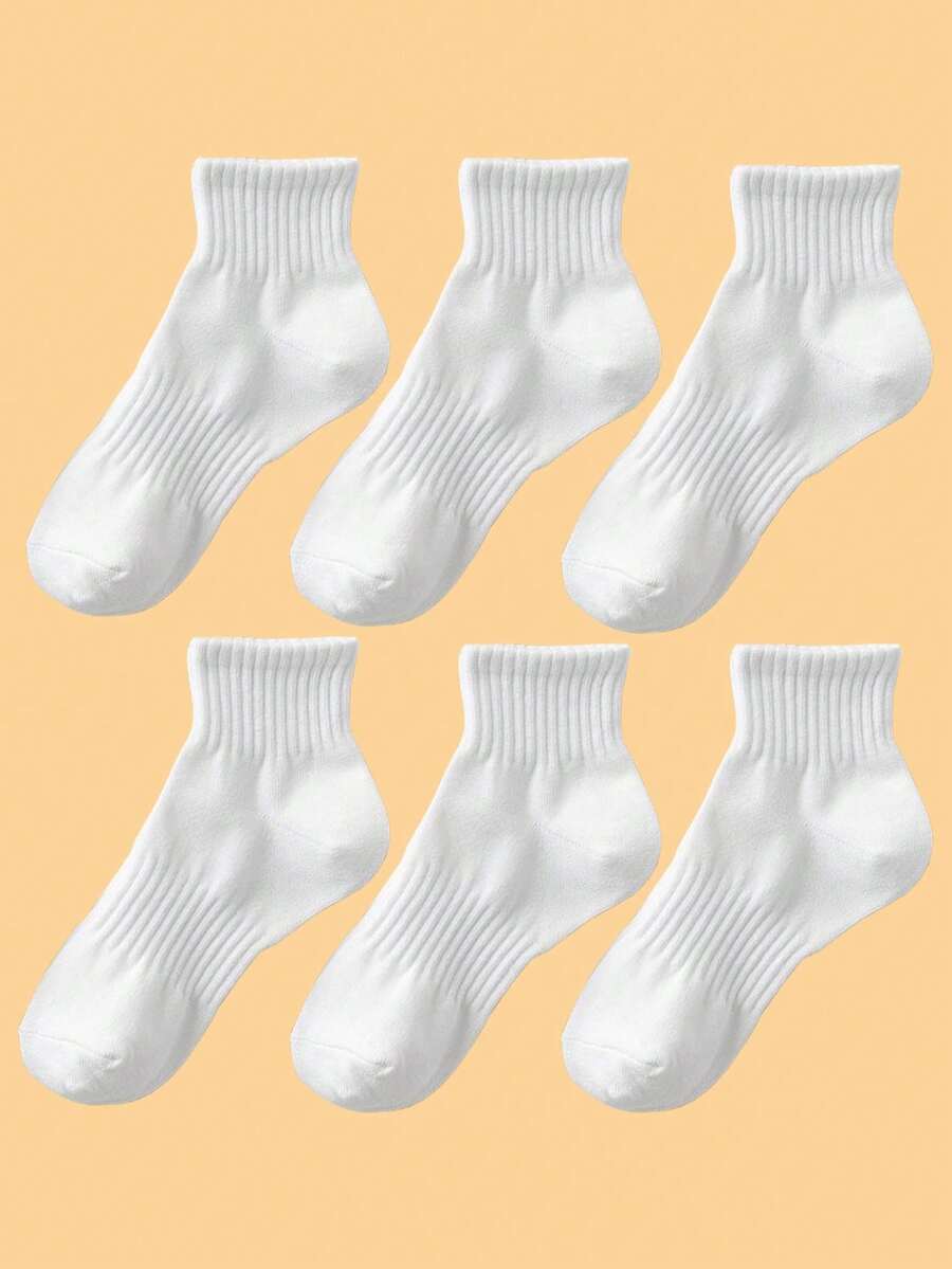 6雙白色豎條紋中筒襪,適用於運動,彈簧和秋天 - 白色 - 查看 1
