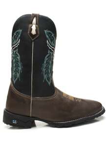 Bota Masculina RR Botas Texana Country Em Couro Com Bordado Boi Bico Redondo