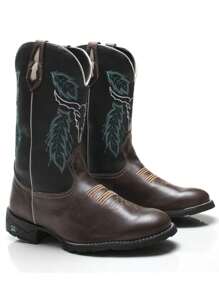 Bota Masculina RR Botas Texana Country Em Couro Com Bordado Boi Bico Redondo