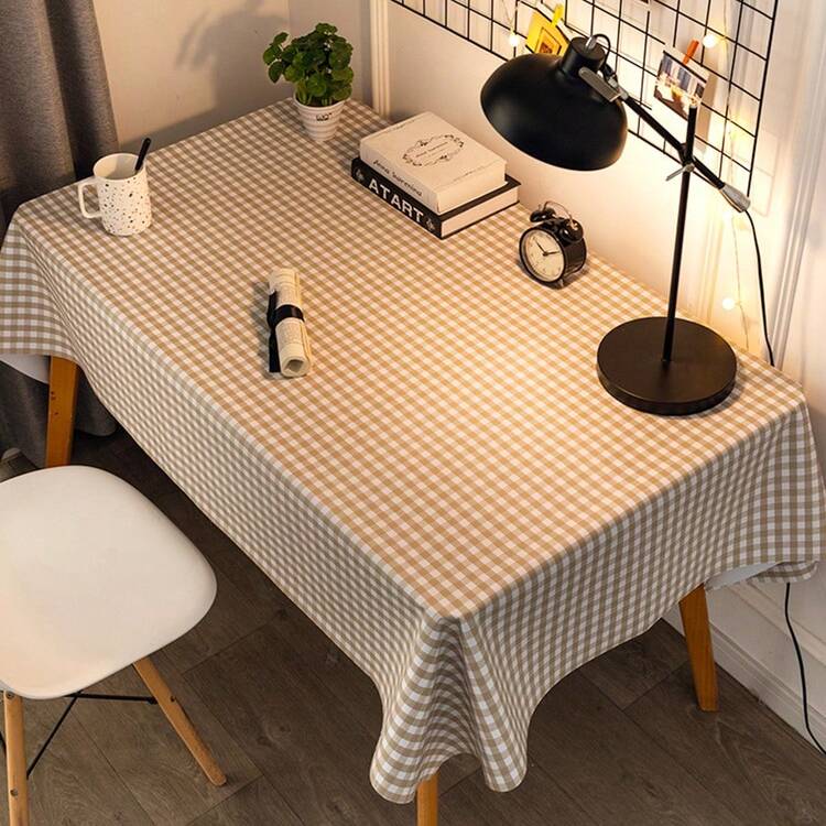 1pc Small Brown Plaid Pvc Waterproof & Oilproof & Anti-Scalding Tablecloth For Dining Table, Desk, Study Table - Small brown style - View 2