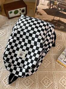 1pc Black & White Checkerboard Design Simple Style Large Capacity Zipper Backpack, Unisex Students Travel Bag - Black and White - View 3