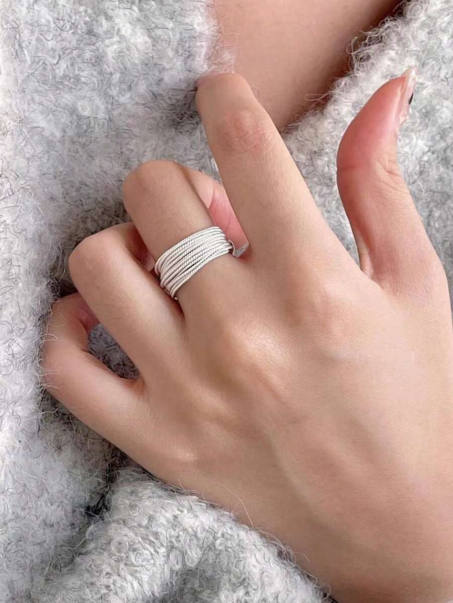 1pc Unique Layered Style Adjustable Ring For Women, Minimalist Fashion Accessory - Silver - View 1