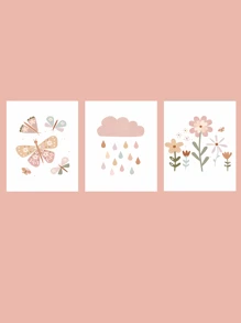 3入組20x30cm蝴蝶、花卉、雲朵印花兒童房客廳牆藝術畫,無框 - 彩色 - 查看 6