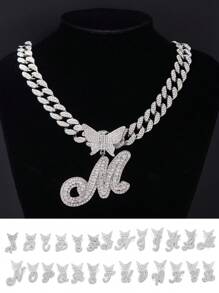 1pc Hip Hop Rhinestone Italian Cursive Letters 26 Optional Butterfly Pendant Men's Necklace Couples With The Same Style Street Hipster Full Rhinestone Chain Link - Silver - View 2