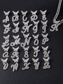1pc Hip Hop Rhinestone Italian Cursive Letters 26 Optional Butterfly Pendant Men's Necklace Couples With The Same Style Street Hipster Full Rhinestone Chain Link - Silver - View 4