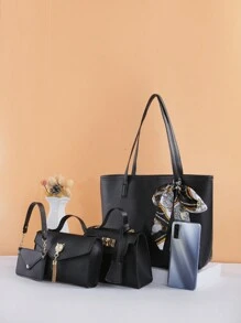 Conjunto de 4 Peças de Bolsas de Moda Vintage para Escritório e Transporte: Bolsa de Ombro/Transversal Acolchoada Colorblock com Alça de Corrente e Mini Bolsa - Preto - Visão 3