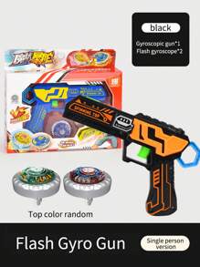 【單人版】發射器槍+2個閃爍旋轉陀螺(牽引&釋放動力系統/防摔金屬/彩色燈光效果/遊戲競賽/按壓啟動/酷炫設計) - 黑色 - 查看 1