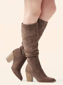 Women Pointed Toe Knee High Boots Faux Suede Slouch Boots With Chunky Heel Valentine's Day Valentine's Day Valentines - 棕色 - 查看 1