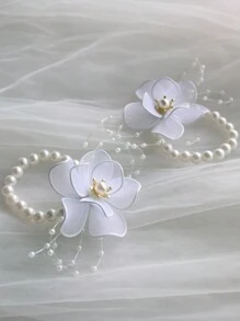 1件纯白色新娘腕花，伴娘手花，婚礼配饰，摄影道具，日常佩戴手链，弹性仿珍珠链装饰，情人节配饰