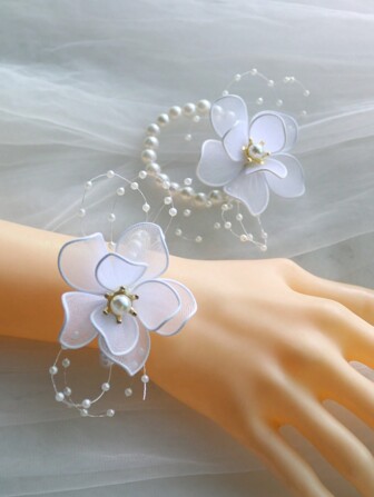 1入純白新娘手腕花環,伴娘手機花,婚禮配件,拍攝道具,日常佩戴手鏈,彈性假珍珠鏈裝飾