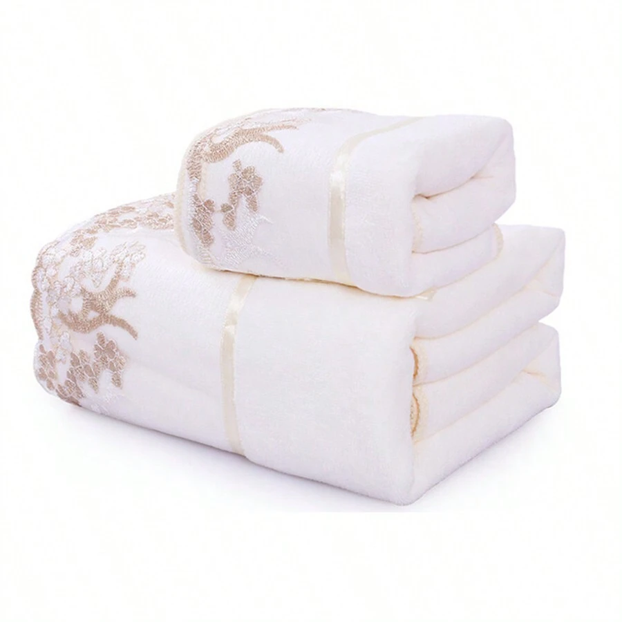 2入組蕾絲浴巾和面巾,超大尺寸超細吸水浴巾適用於成人,1條浴巾和1條面巾 - 米色 - 查看 1