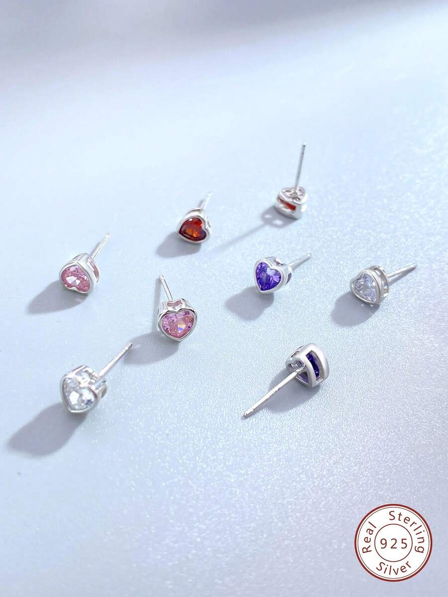 1雙白色心氧化鋯耳釘適合女士S925純銀情人節優雅和魅力四射精細的女士們首飾類禮品