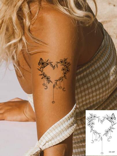 1pc Pvc Waterproof Temporary Tattoo Sticker With Beautiful Flower Ring, Butterfly & Heart Design Suitable For People's Daily Use (Can Be Washed Off)