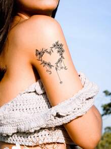 1pc Pvc Waterproof Temporary Tattoo Sticker With Beautiful Flower Ring, Butterfly & Heart Design Suitable For People's Daily Use (Can Be Washed Off) - Black - View 3