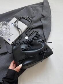 1个纯色蝴蝶结装饰PU皮革女士单肩包，时尚敞口手提包，链条和荷叶边设计，适合女性、女孩、学生、旅行、聚会、日常使用，日系风格，情人节礼物，最佳情人节礼物之选，时尚蝴蝶结女士钱包 - 黑色 - 查看 2