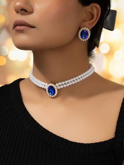 1 Conjunto De Pendientes Y Collar De Estilo Vintage De Lujo, Incluyendo Pendientes De Perlas Falsas Y Un Collar Corto Con Colgante De Perla Falsa