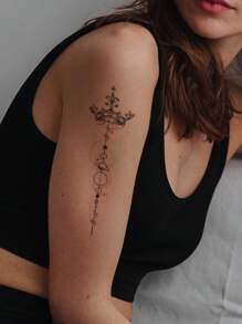 1pc Black Crown, Planet, Stripe Pattern Temporary Tattoo Sticker For Spine, Arm,wrist And Body - Black - View 3