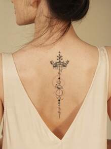 1pc Black Crown, Planet, Stripe Pattern Temporary Tattoo Sticker For Spine, Arm,wrist And Body - Black - View 4