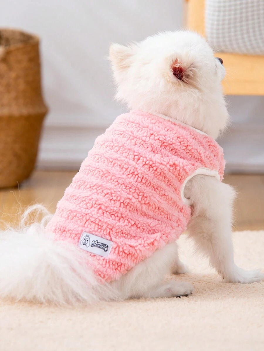 1件寵物短毛絨背心,條紋和印花,適用於小型犬和貓的秋冬季,保暖,柔軟,舒適 - 粉色 - 查看 1